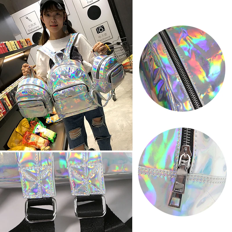 Новинка 2019 женский рюкзак школьная сумка Радужный Многоцветный металлический