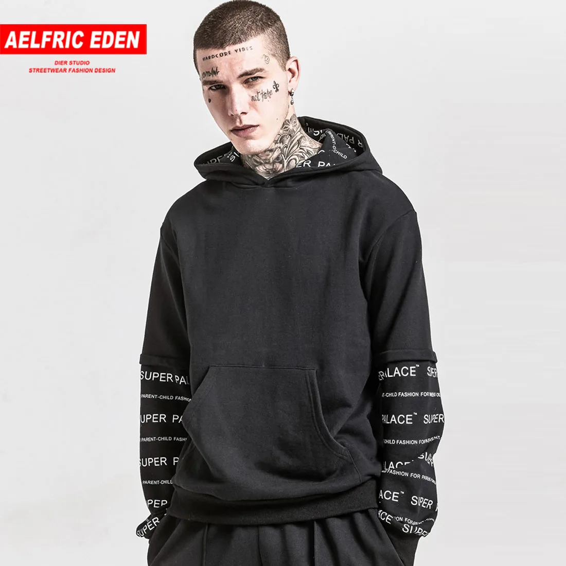Aelfric Eden имитация 2 шт рукав с буквенным принтом толстовки капюшоном Мужские кофты
