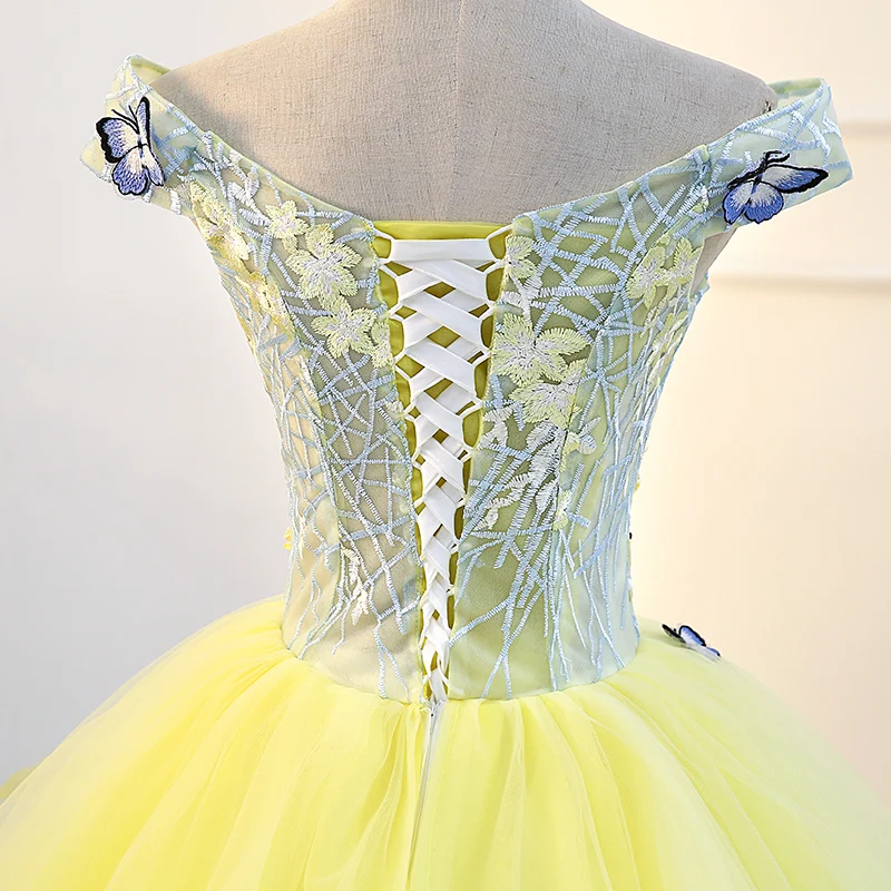 He's Bride Butterfly Boat Neck Lace Up Back Floor-Length Ball Gown Tulle Yellow Wedding Dresses Custom Party Vestido De Noiva | Свадьбы и