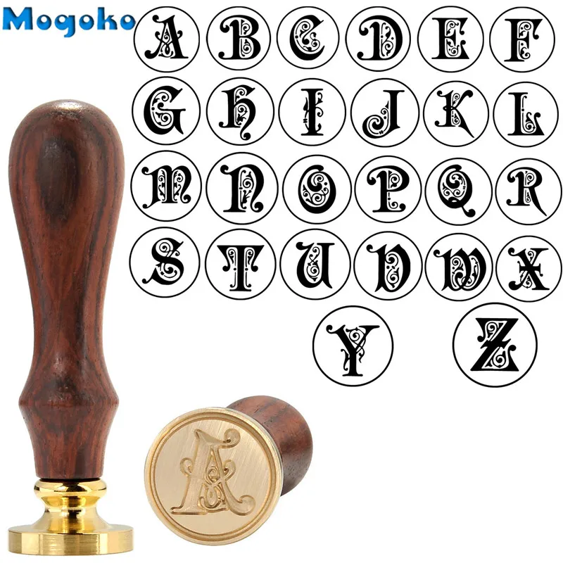 

Mogoko Sealing Wax Stamps Vintage Wooden Handle Gothic Letter Alphabet Wax Badge Seal Stamp 26 Letters A-Z Envelope Cards Decor