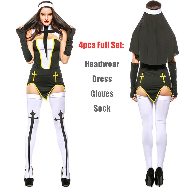 

Sexy Nun Costume Adult Women Cosplay With Stockings Black Hoodie For Halloween Sister Cosplay Party Costume Virgin Mary Sexy Cos
