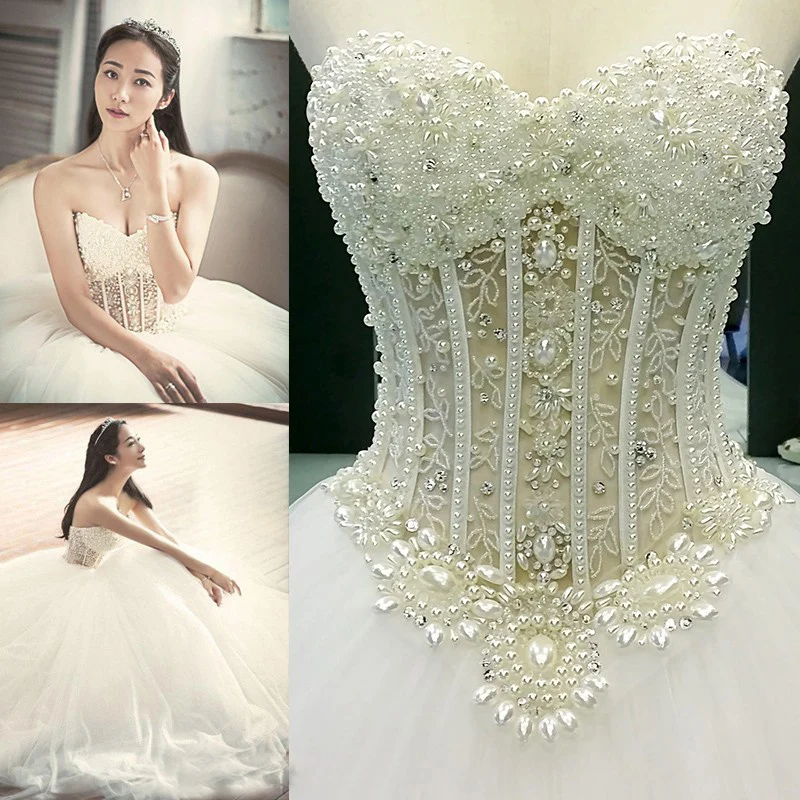 Роскошный Жемчуг Свадебное Платье 2017 Новых Прибытие Sexy Милая С Плеча Белый Тюль