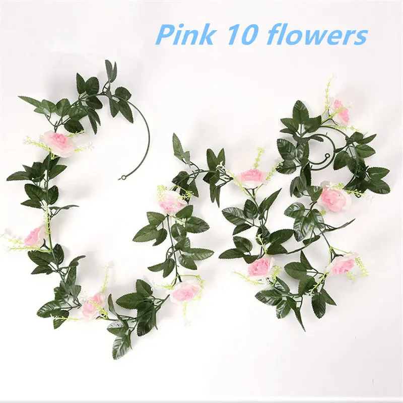 Pink -10 flower 1pcs/lot 230-250cm Artificial Flowers Silk Roses Ivy Vine diy with Green Leaves Fake leaf artificial flowers for home decoration - Цвет: Pink -10 flower