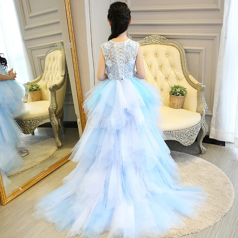 Children baby flower girl formal evening tail dress ball gowns prom wedding bridesmaid kid clothes beautiful princess party Blue | Детская