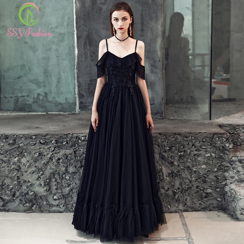 SSYfashion, крышка ремня, рукав, шнуровка, сзади, длина до пола, длинное черное вечернее платье, на заказ, для вечеринки, выпускного, торжественное платье, Robe De Soiree