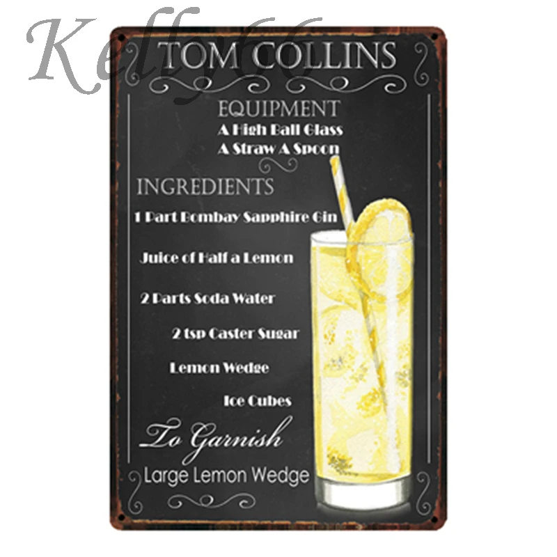 

[Kelly66] Tom Collins коктейльное металлический знак олова плакат домашний Декор Бар настенная живопись 20*30 см Размеры y-1820