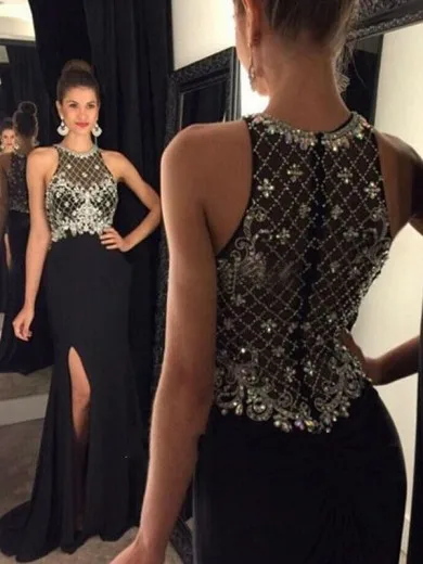 Alexzendra Black Chiffon Long Prom Dresses Customize Side Slit Crystals Beads Elegant Formal Evening Party Dresses Plus Size