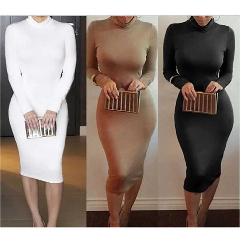 Sexy Women Bandage Dress Spring Autumn Turtleneck Slim Long Sleeve Bodycon Fashion High Neck Club Wrap Pencil Dresses | Женская одежда