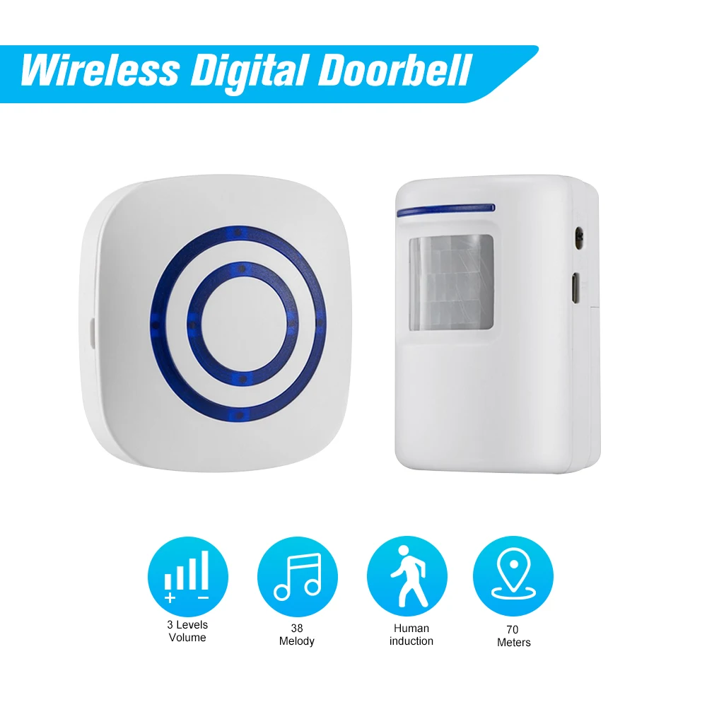 

Wireless Digital Doorbell with 1*Transmitter 1*Receiver with PIR Sensor Infrared Induction Alarm Welcome Guests Body Door Bell