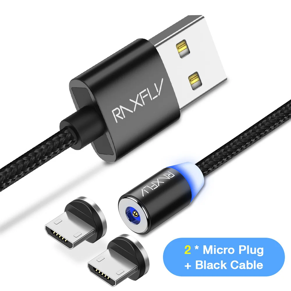 Black Micro 2 Plugs Магнитный кабель RAXFLY Micro usb type C кабель для iPhone 11 Pro Max Xiaomi Redmi провод для быстрого заряда 1 м светодиодный магнитный кабель для зарядки - Цвет: Black Micro 2 Plugs