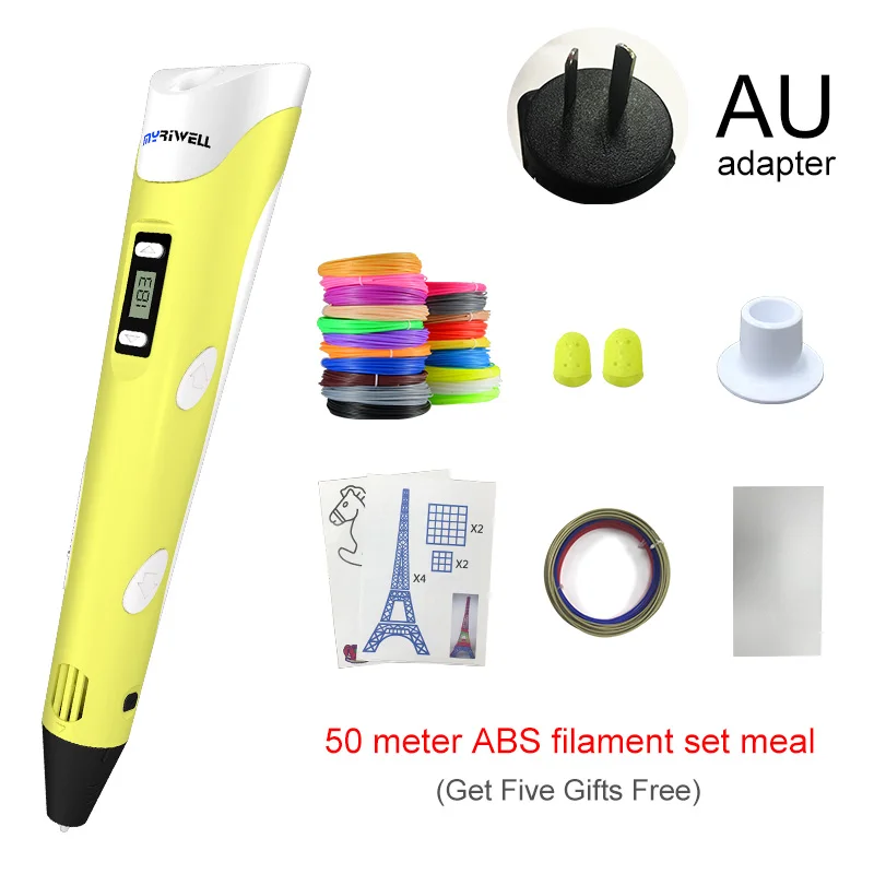 Yellow AU Myriwell, 3D Ручка, 3D принтер, ручка для 3D печати, ручка для рисования, 50 метров, 10 цветов, ABS нить, магический производитель, искусство, для студенческого подарка - Цвет: Yellow AU