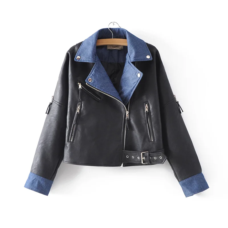 Женская куртка из ПУ кожи с джинсовыми вставками Осеннее мотоциклетное пальто