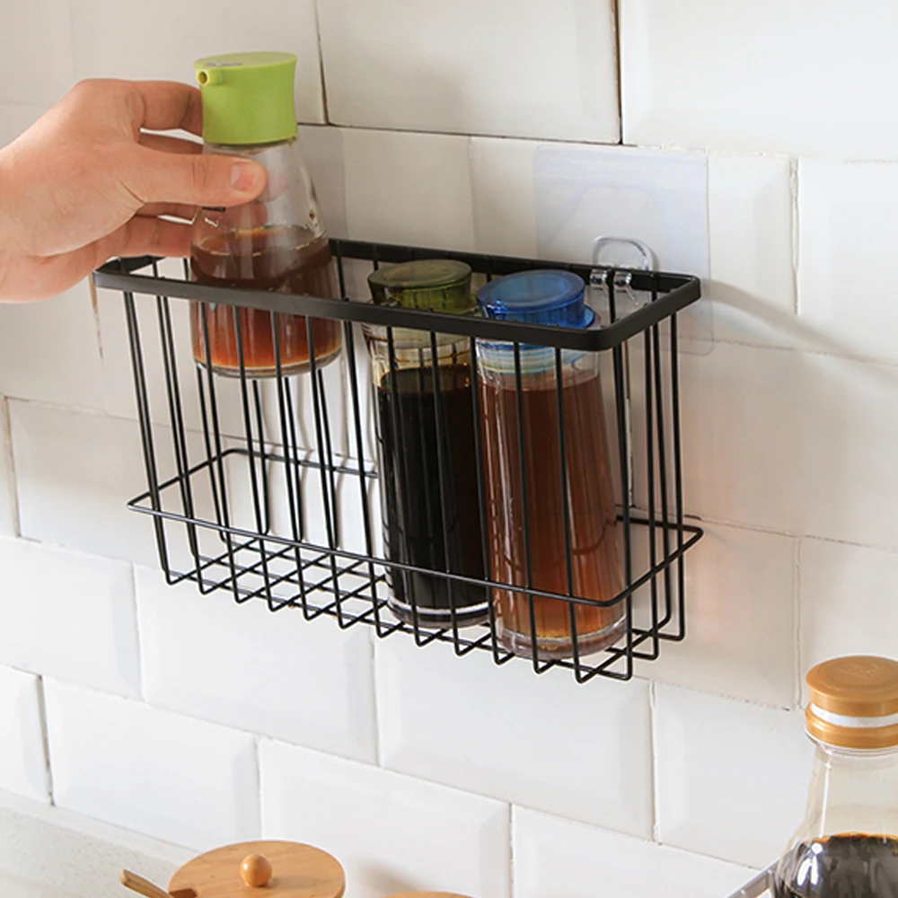 1PCs Kitchen Wall Mounted Iron Storage Basket Desktop Bathroom Sundries Hanging With Seamless Film | Дом и сад