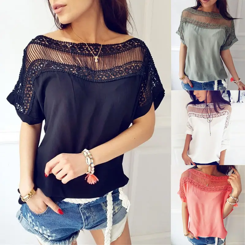 Летняя Повседневная футболка с коротким рукавом Свободный Топ Ажурные кружевные