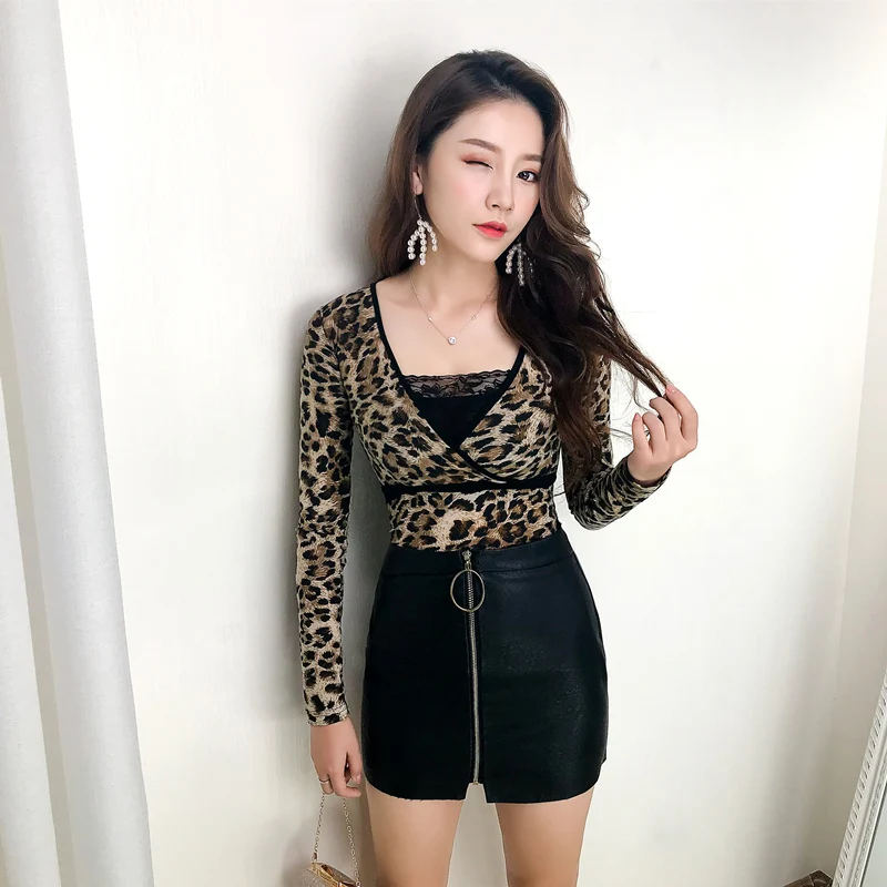 spring sexy style Low-cut Women's Clothing leopard Slim t shirts long sleeve fashion brands corset club tees v-neck new | Женская