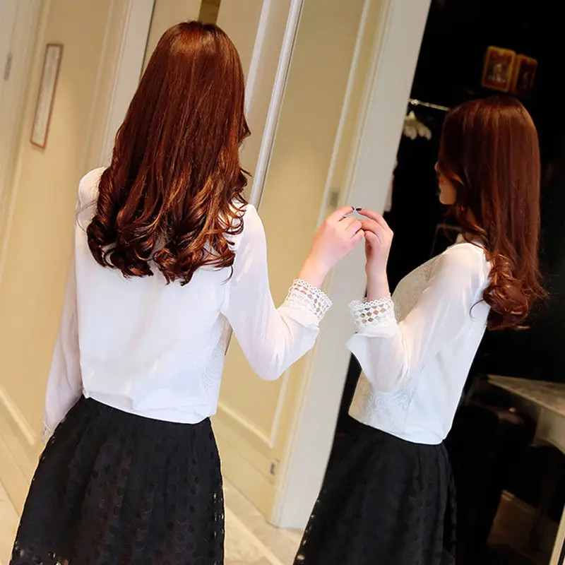 

Fashion Cute Casual Women Ladies Chiffon Long Sleeve O-Neck Pullover Lace Floral Blouses Tops Outfit Spring Fall 2 Style