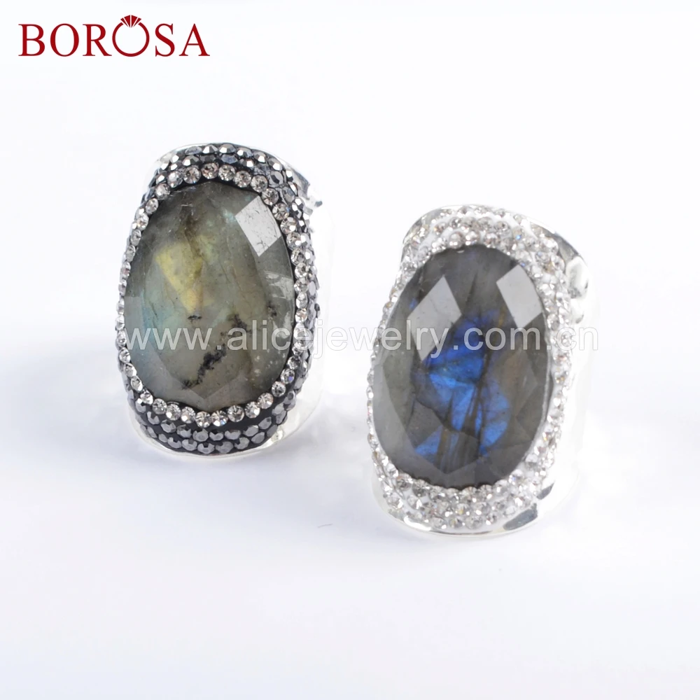 

BOROSA 6PCS Silver Color Natural Labradorite Faceted Stone Druzy Ring Crystal Paved Black/White Zircons Gems Jewelry JAB945