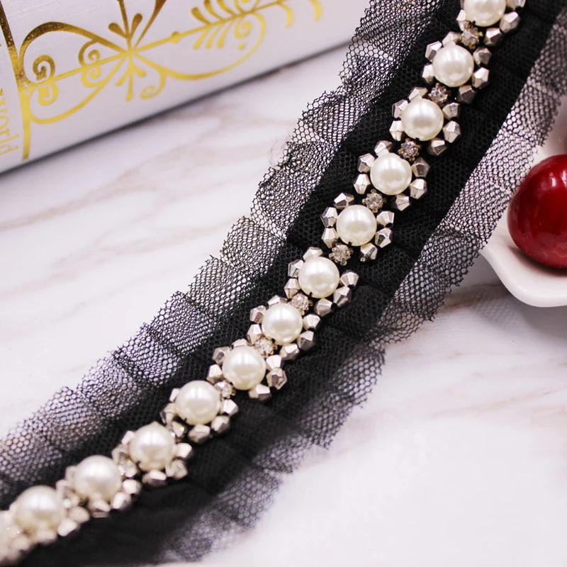 10Yards White Black Fake Pearl Beaded Lace Trim Vintage Ruffled Mesh Fabric Braid Applique |