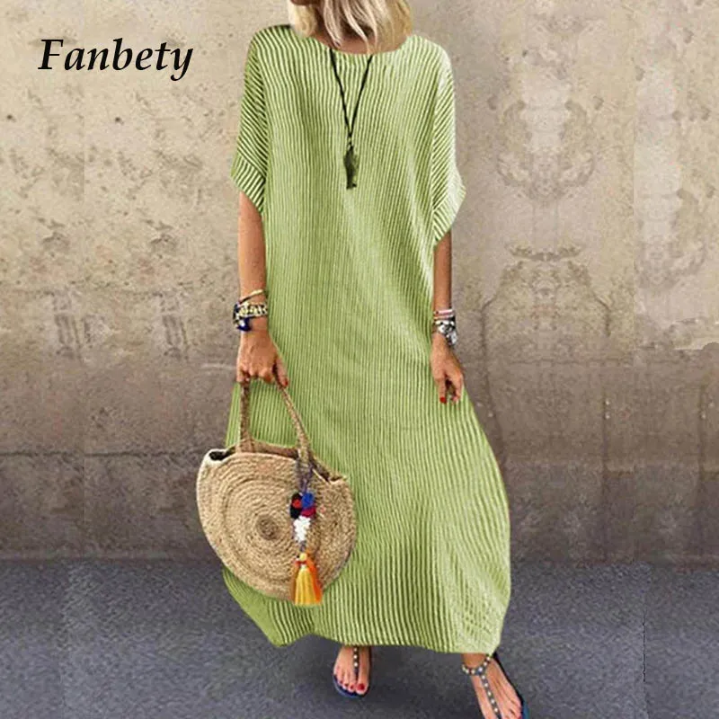 Fanbety, женское свободное платье в полоску,, летнее, элегантное, повседневное, с О-образным вырезом, половина рукава, макси, платья для девушек, сексуальные, вечерние платья, Vestidos 3XL