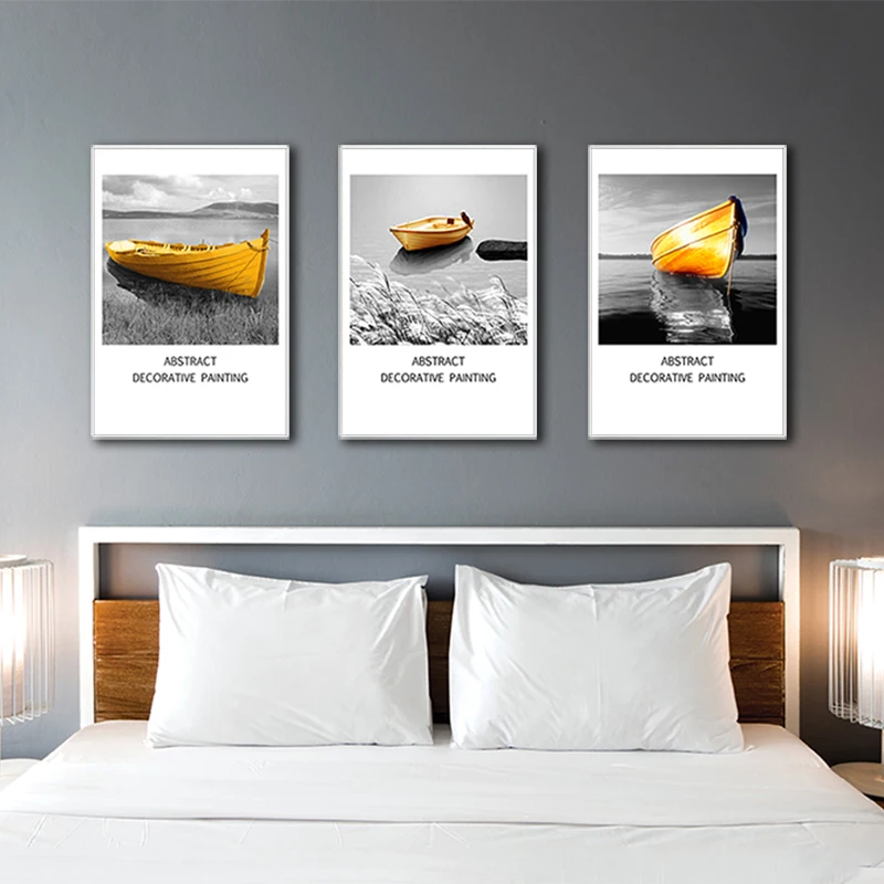 Abstract Yellow Boat Wall Art Canvas Painting Black White Sea Landscape Nordic Poster print Picture for Living Room Home Decor | Дом и сад