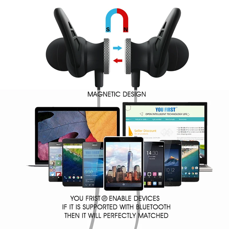 Bluetooth наушники беспроводные спортивные стереонаушники для бега магнитные Hansfree с