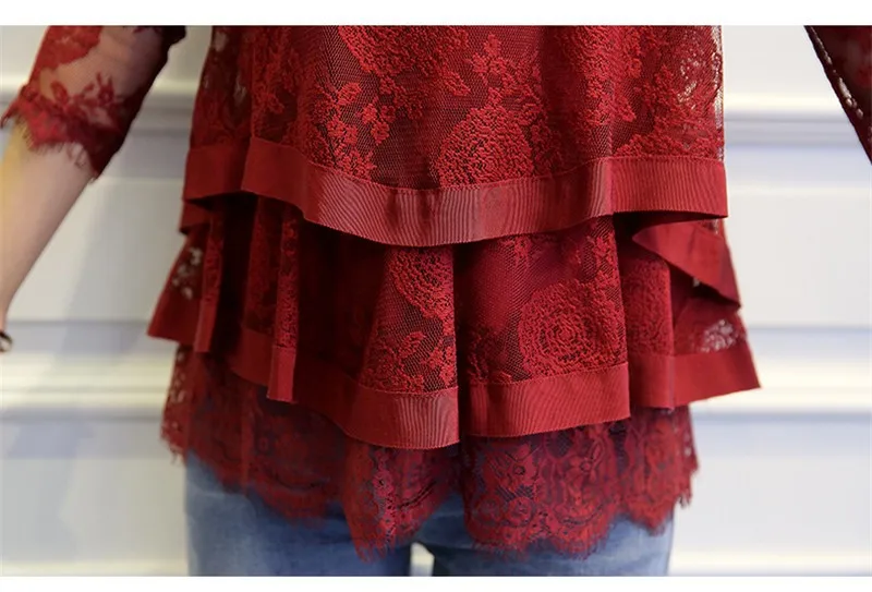 Плюс Размеры M-4XL Blusas Для Женщин Осенние Топы Кружевная рубашка Блузка с длинными рукавами красные рубашки кружева топы, женские блузки, Blusas Femininas R2194