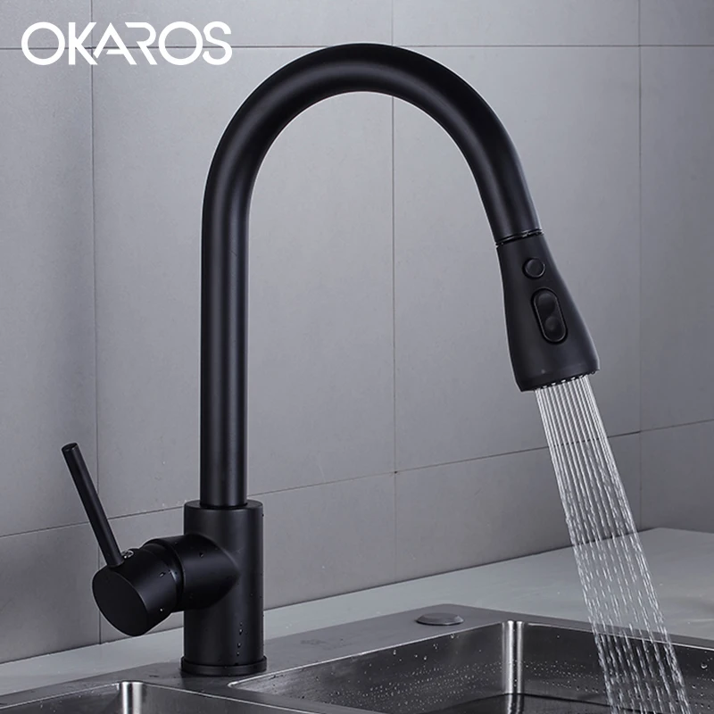 OKAROS черный/матовый смеситель для кухонной раковины выдвижной с двойной функцией