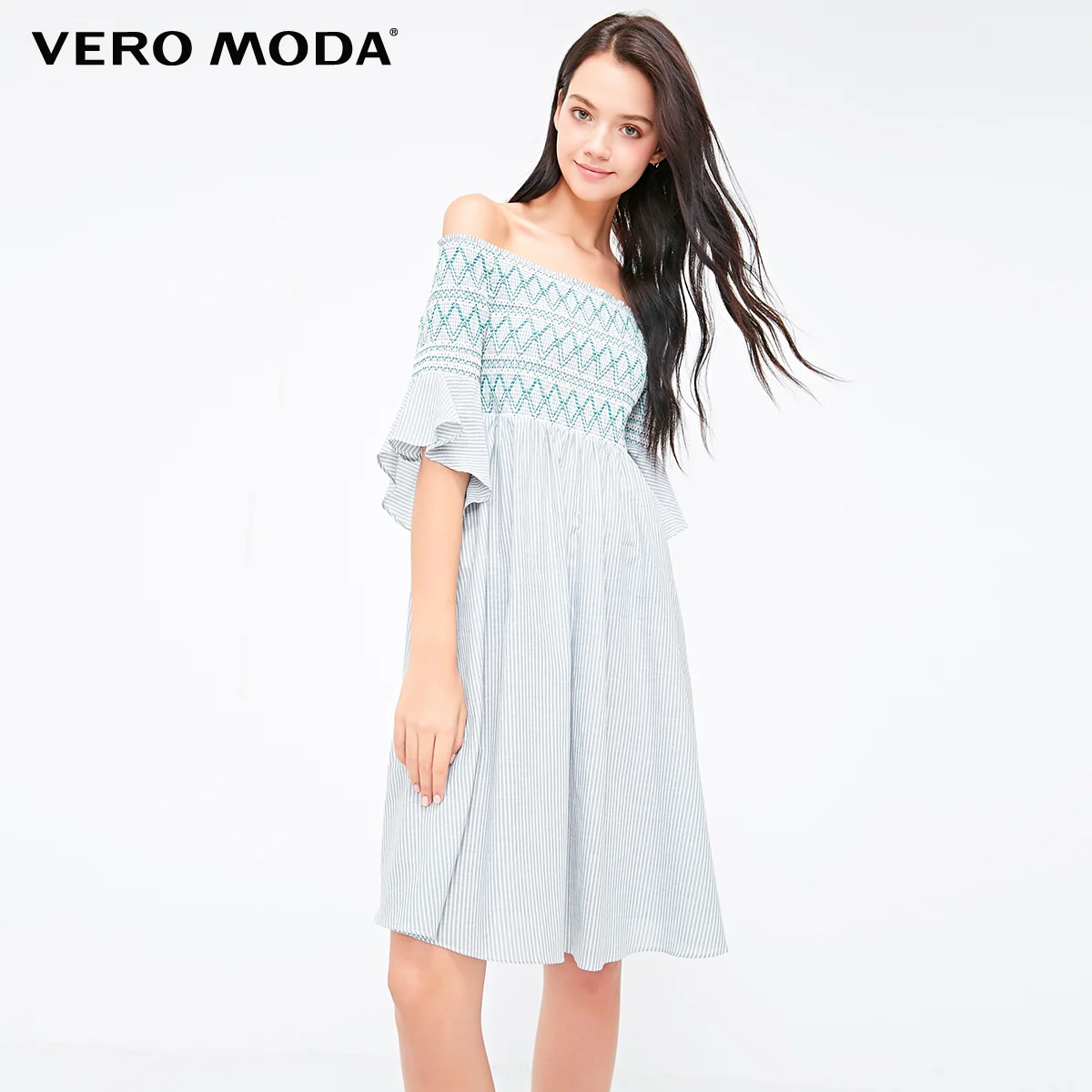 Vero Moda Полосатое платье с открытыми плечами и расклешенными рукавами | 31836Z518