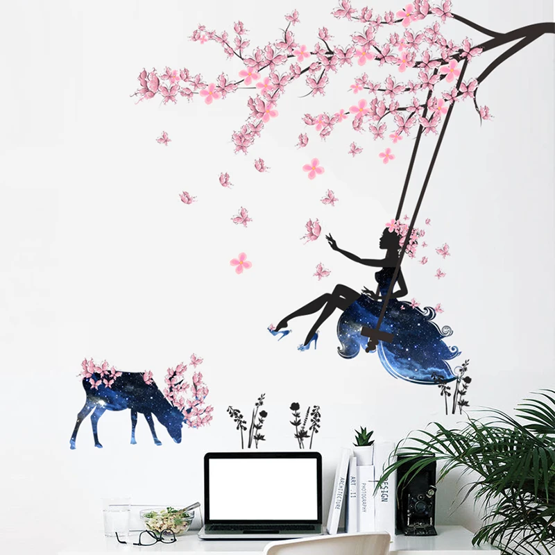 

Pink Flying Butterfly Wall Stickers Swing Girl Decals Tree Flowers Deer Wall Sticker Decorative Home Decor Kids Room Mural Decor