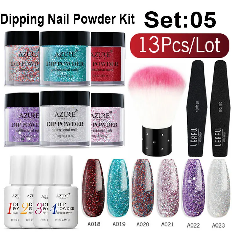 Azure Beauty 13Pcs/Lot Shiny Gradient Color Dipping Powder Chameleon Sequins Nail Powder Natural Dry Nail Art Brush Tools Set - Цвет: 5