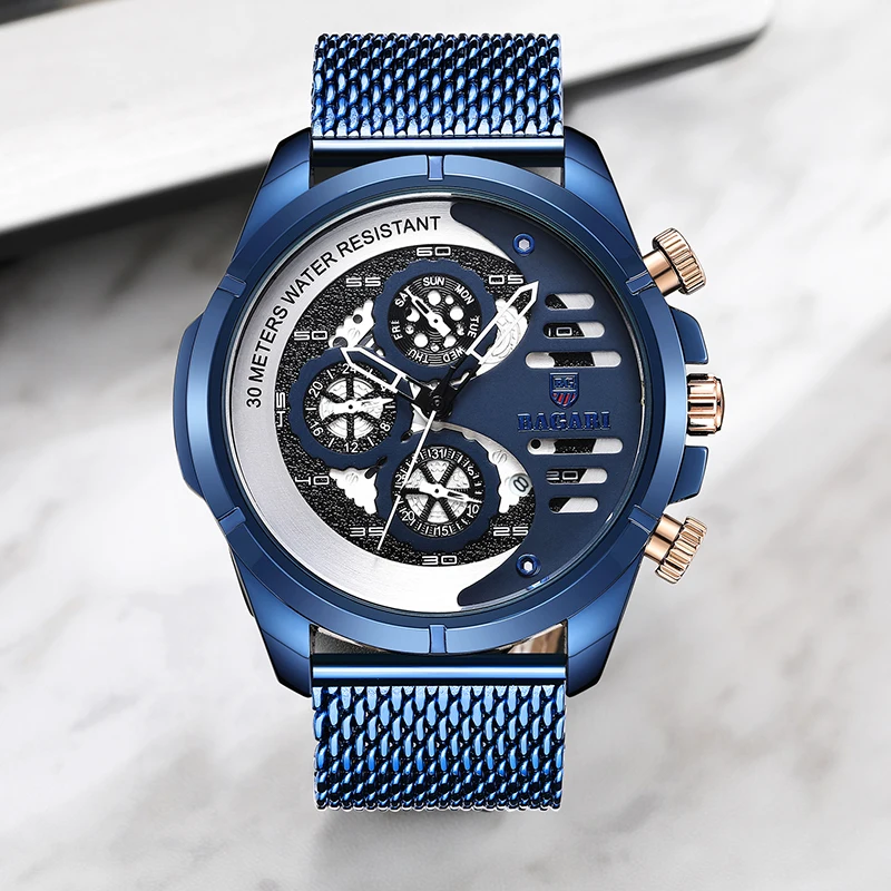 

BAGARI Brand Men's Watches All Dial Work Military Wrist Watch Luxury Male Stainless Watch Sport Watches Waterproof Quartz Clock