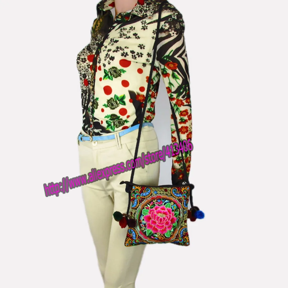 Hmong Tribal Ethnic Thai Indian Boho shoulder bag messenger embroidery pom charm trim SYS-305 | Багаж и сумки