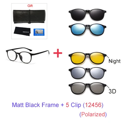 TWO Oclock Magnet Sunglass Women Men Polarized Lens Optical Spectacle Frame Clip On Glasses Men Round TR90 3D Night Vision A2245 - Цвет линз: 1 Frame 5 Clip 12456
