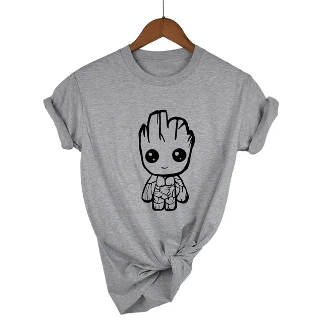 Light Grey Новинка, Забавный Дизайн kawaii Groot, футболка из хлопка, женская модная футболка с коротким рукавом, хипстерская популярная футболка с круглым вырезом - Цвет: Light Grey