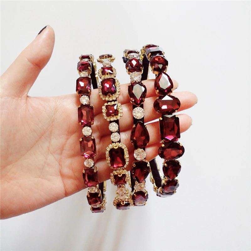 

Hairbands Wine Red Rhinestone Handmade Headband Women Velvet Nop-slip Vintage Hair Accessories Jewelry Headwear Original Design