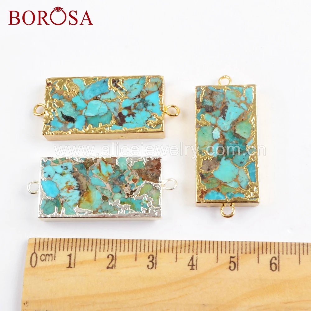 

BOROSA 5PCS Gold Plated /Silver Color Copper Turquoises Connector Rectangle Shape Natural Stone Metal Double Charms for Necklace