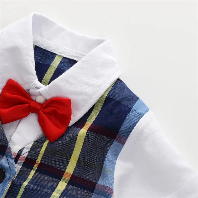 Baby boy Gentlemen Romper+Hat Newborn Wedding Plaid Infantile Bow Tie Jumpsuit Summer Suit Casual Clothes Custume |