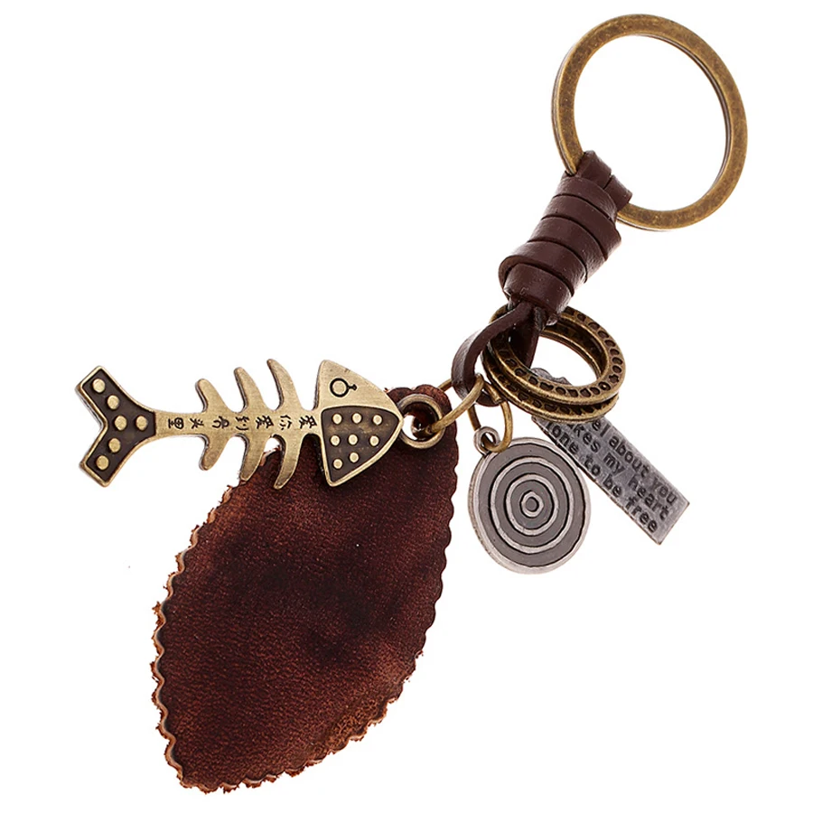Винтажный брелок в форме рыбьей кости стиле панк из натуральной кожи кольцо