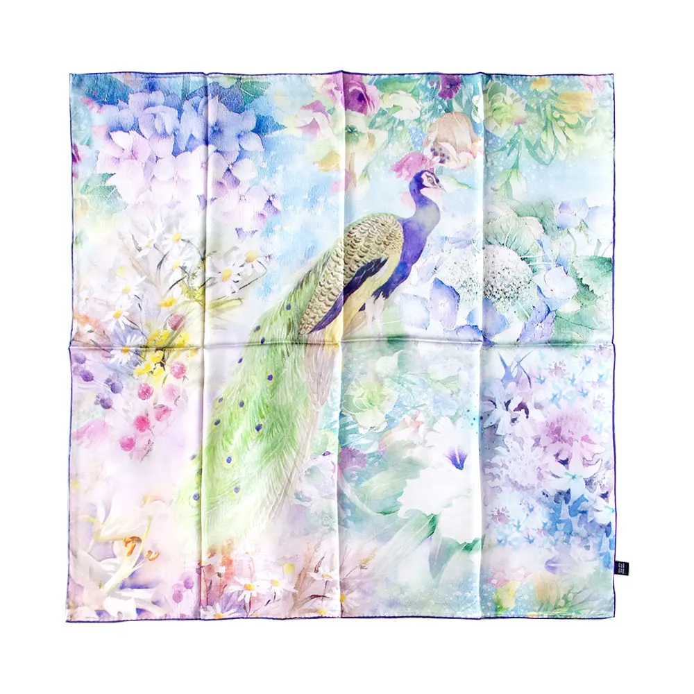 

Brand New 100% Silk Square Scarf Women Flower Neckerchief Shawl Soft Wraps Peacock Prints Hand Rolled Head Scarf