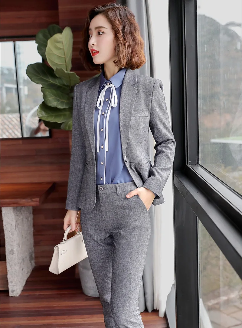 Новинка серые брючные костюмы в стиле униформы с брюками и курткой для женщин