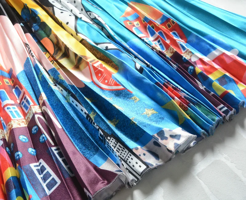 2019 печати Пейзаж Атлас высотой талии Орган косу женские юбки поставил