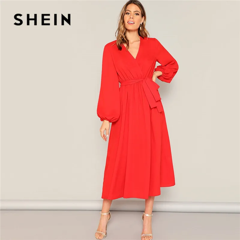 SHEIN Платье На Запах С Поясом, Оригинальным Рукавом И Глубоким V-образным Вырезом Одноцветное Платье Свободного Кроя