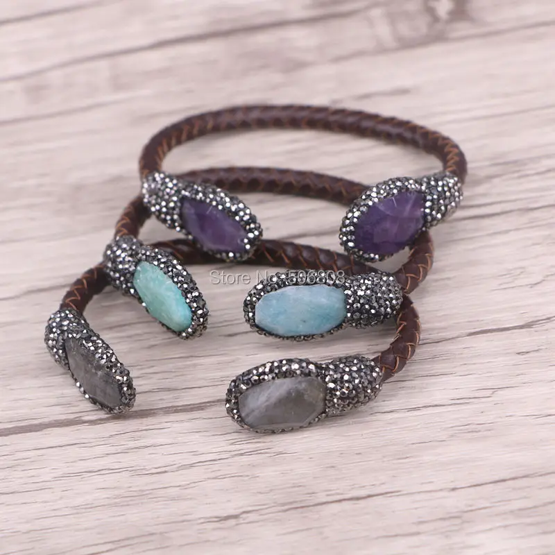 5 шт. натуральный Лабрадорит Жемчужный коричневый кожаный браслет с кристаллами