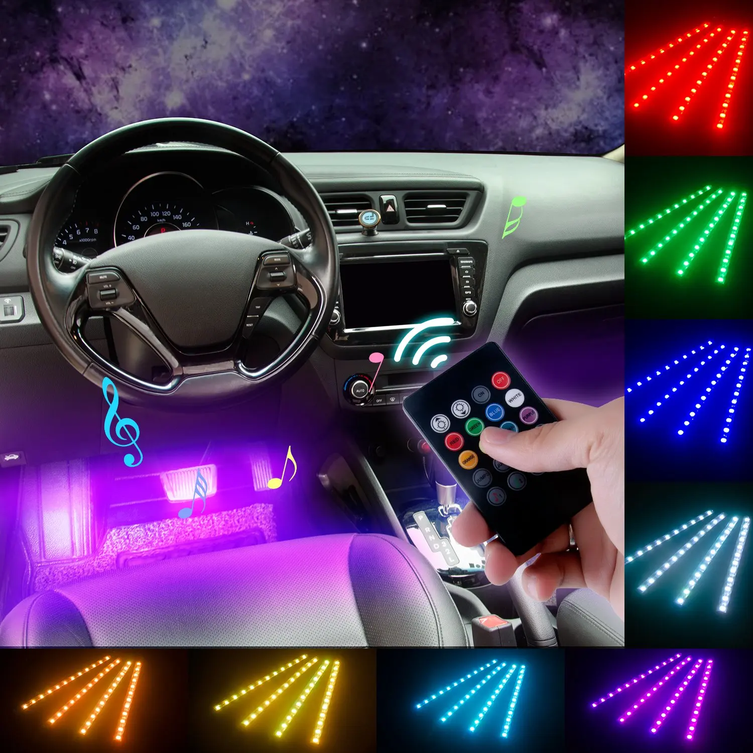 

4pcs 48 LEDs Car Strip Lights RGB Music Activated Automobile Interior Decoration Light Bars DC 12V Power Wireless Remote Control