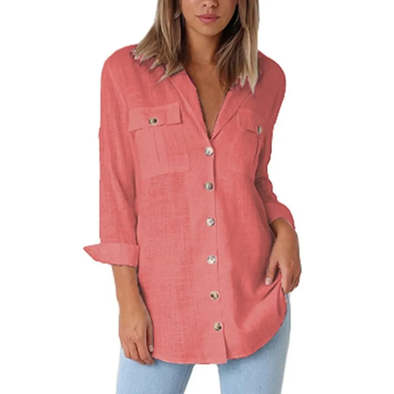 Женская блузка весенне-осенняя с длинными рукавами и карманами женская модная