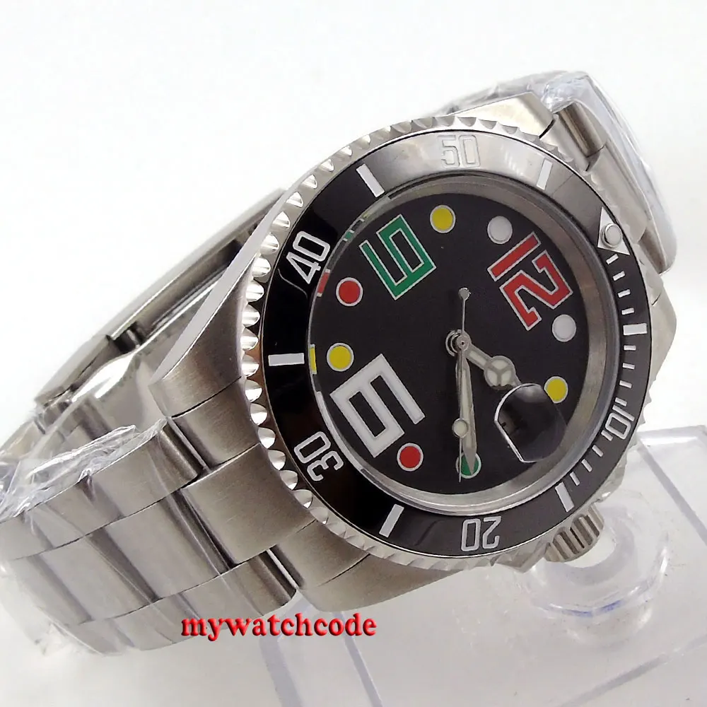 40 мм Bliger стерильный черный циферблат сапфировое стекло окно даты автоматические