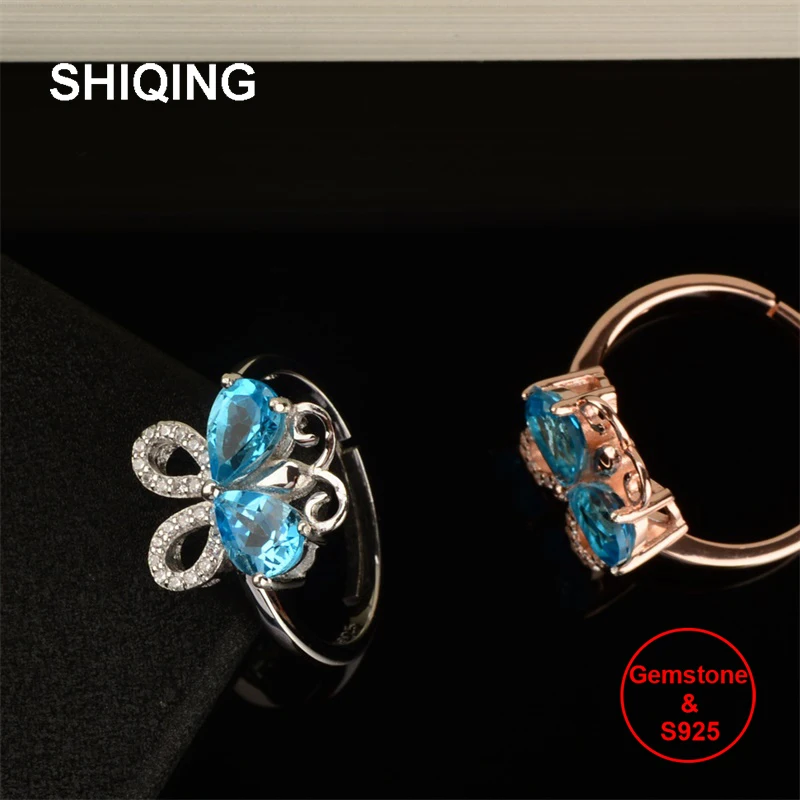 

Кольцо с натуральным драгоценным камнем SHIQING, кольцо с голубым топазом, модное кольцо с бабочкой из стерлингового серебра 925 пробы для вечер...