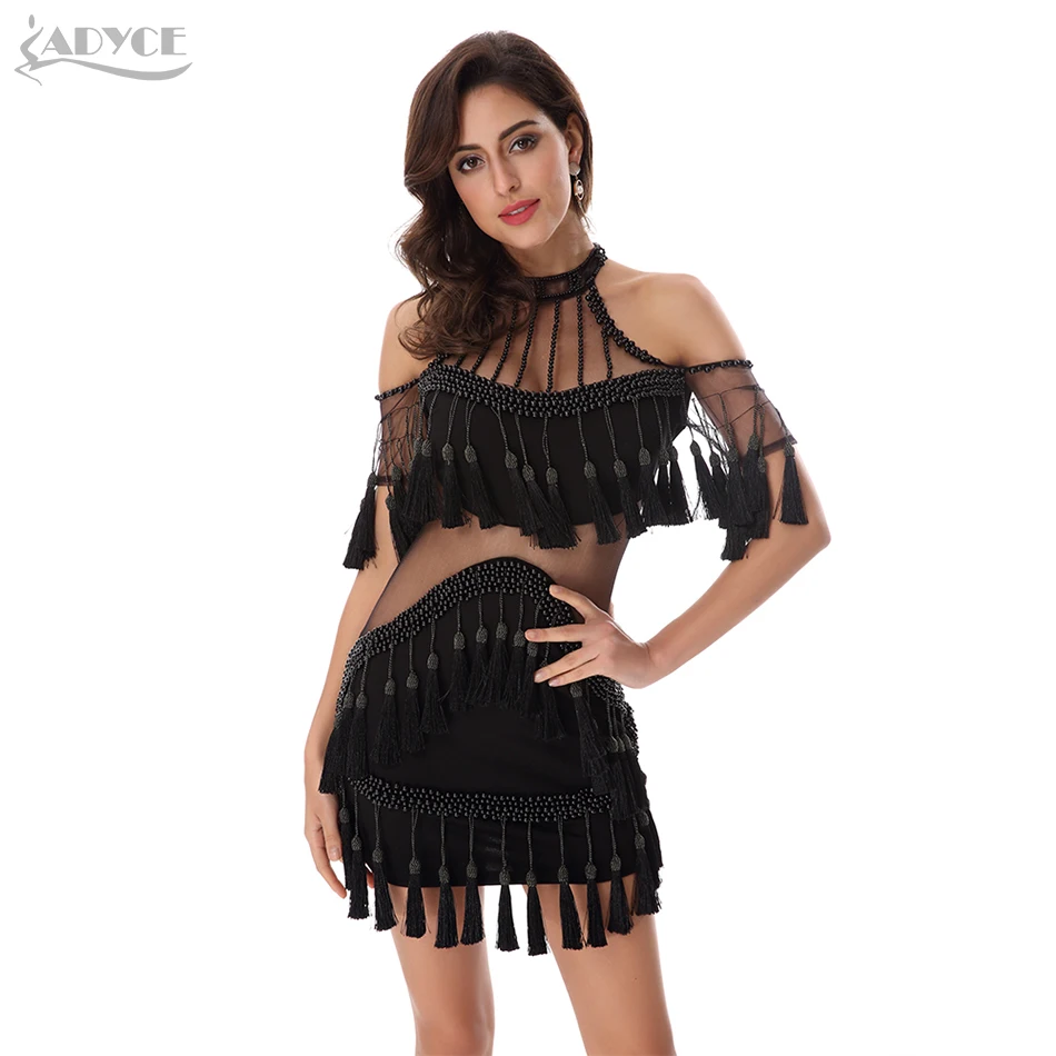 Женское вечернее платье черное с коротким рукавом и кисточками|dresses sexy dress|runway