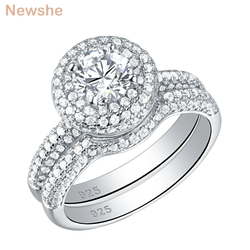 

Newshe Halo Wedding Rings For Women 2 Pcs Solid 925 Sterling Silver Engagement Ring Bridal Set 2.9 Ct AAAAA CZ Classic Jewelry