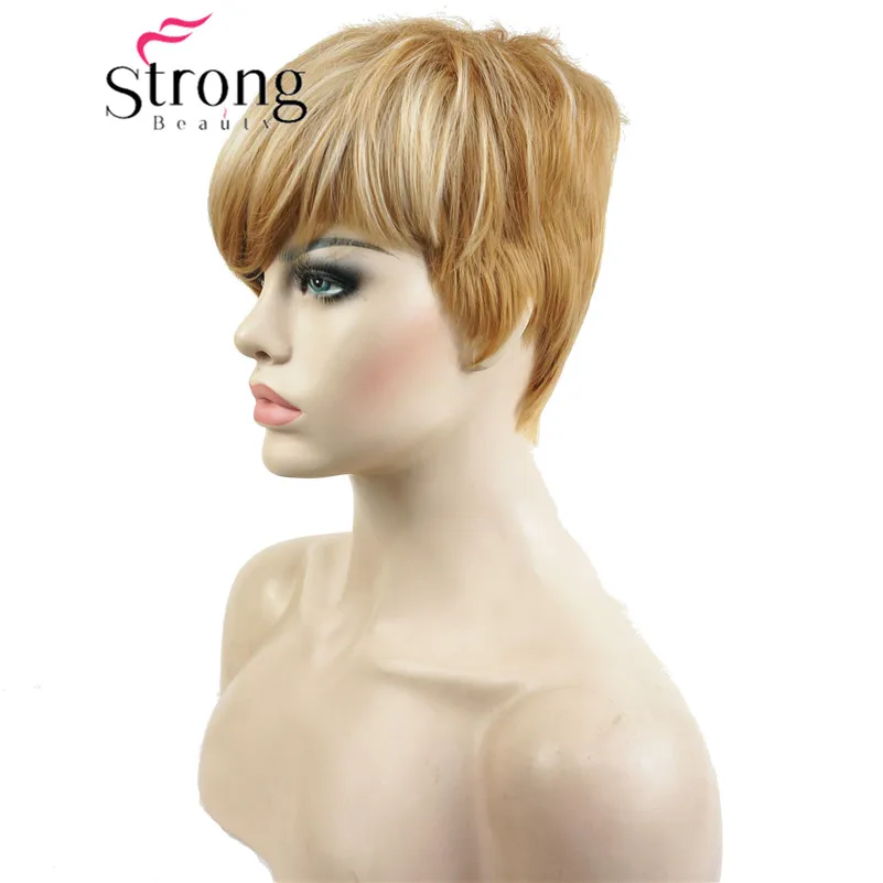 StrongBeauty короткий парик сторона взрыва Asymetrical полный синтетические парики черный и красный цвета выбор - Цвет: 27-613 Blonde mix